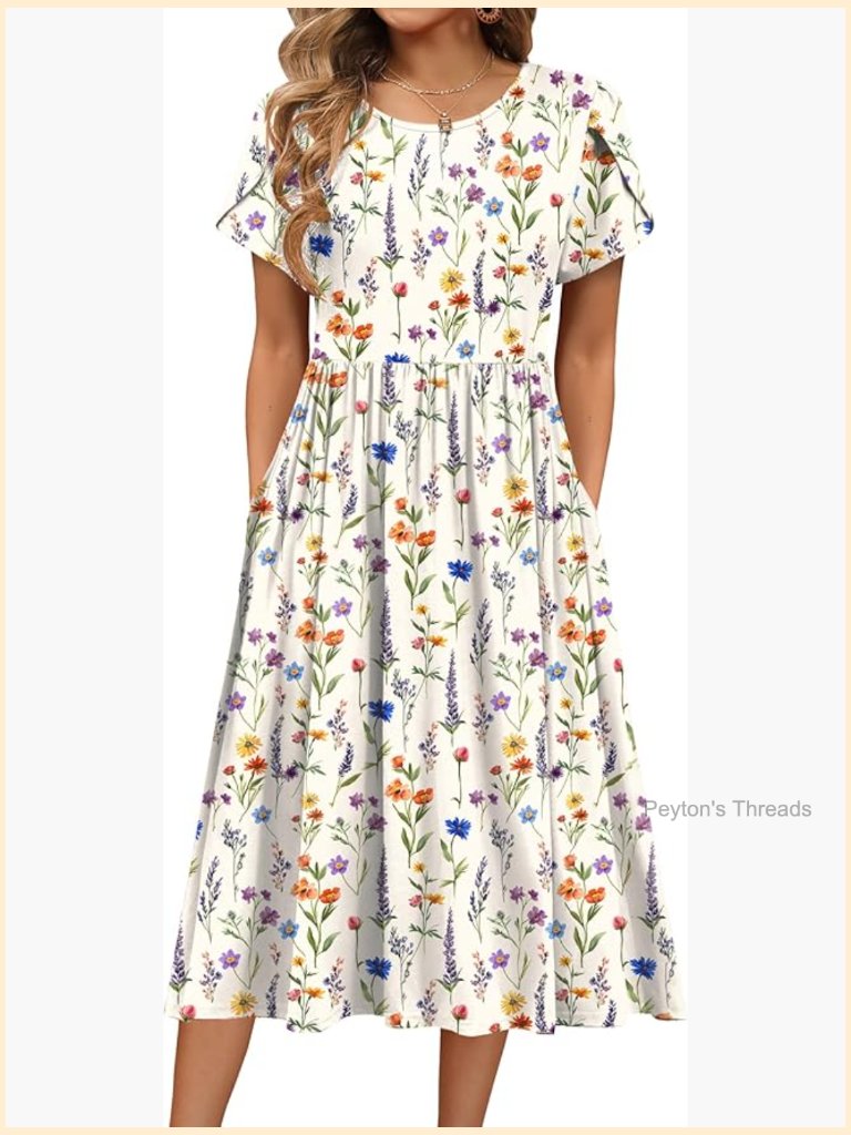 Women's Summer A-Line Midi Dress With Pockets Flowy Beach Sundress